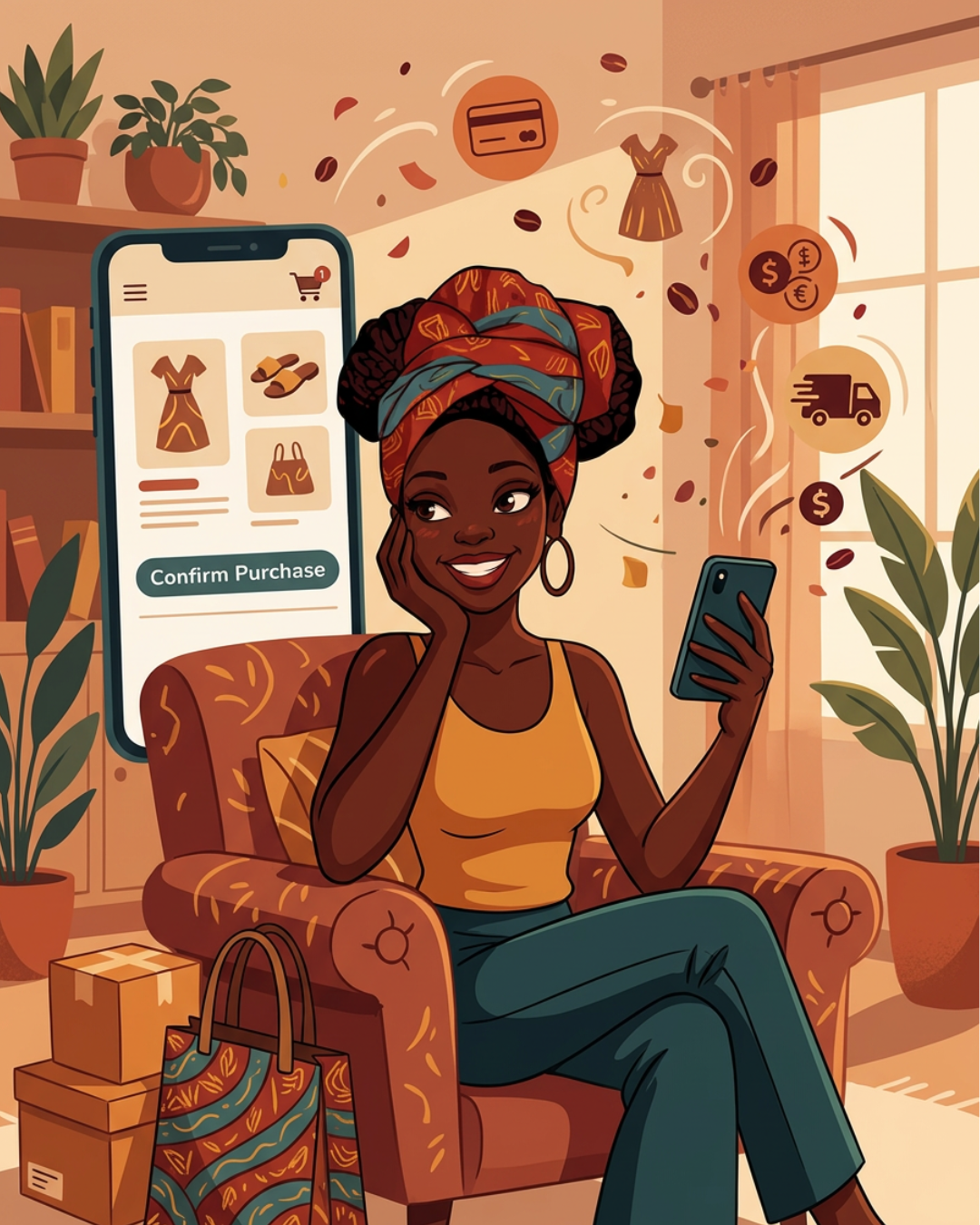A woman relaxing at home while browsing the Mocha Marketplace Summer Buying Guide on her phone, surrounded by shopping bags, plants, and floating product icons